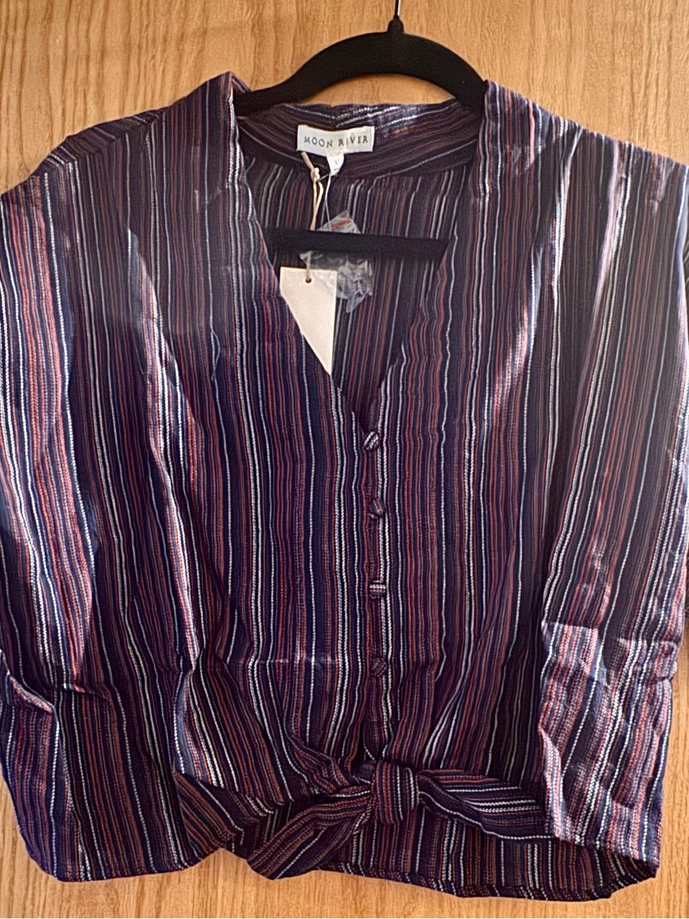 Moon River Men's Navy, Burgundy & White Striped Button-Front Shirt with Tie Hem